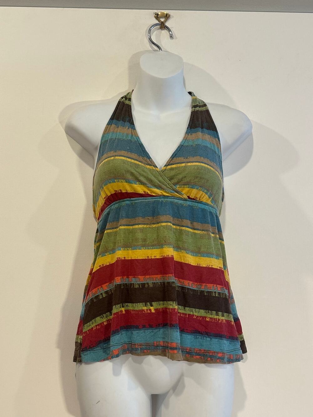 Vintage Mudd Y2K Earthy Striped Surplice Tie-Back Halter Babydoll Tank Top S